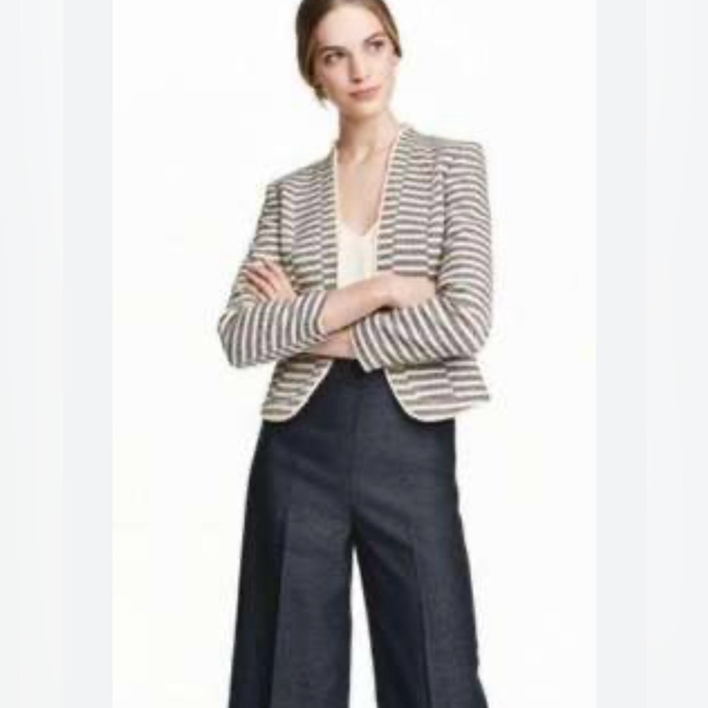 Loft Open Front Blazer Blue Tan Stripe Size 6